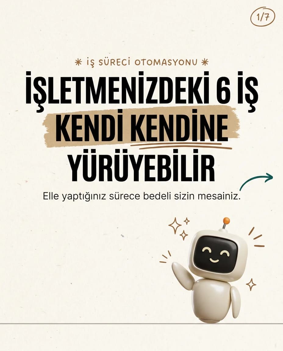 İş süreci otomasyonu carousel açılış karesi: 'İşletmenizdeki 6 iş kendi kendine yürüyebilir' başlığı ve robot maskot