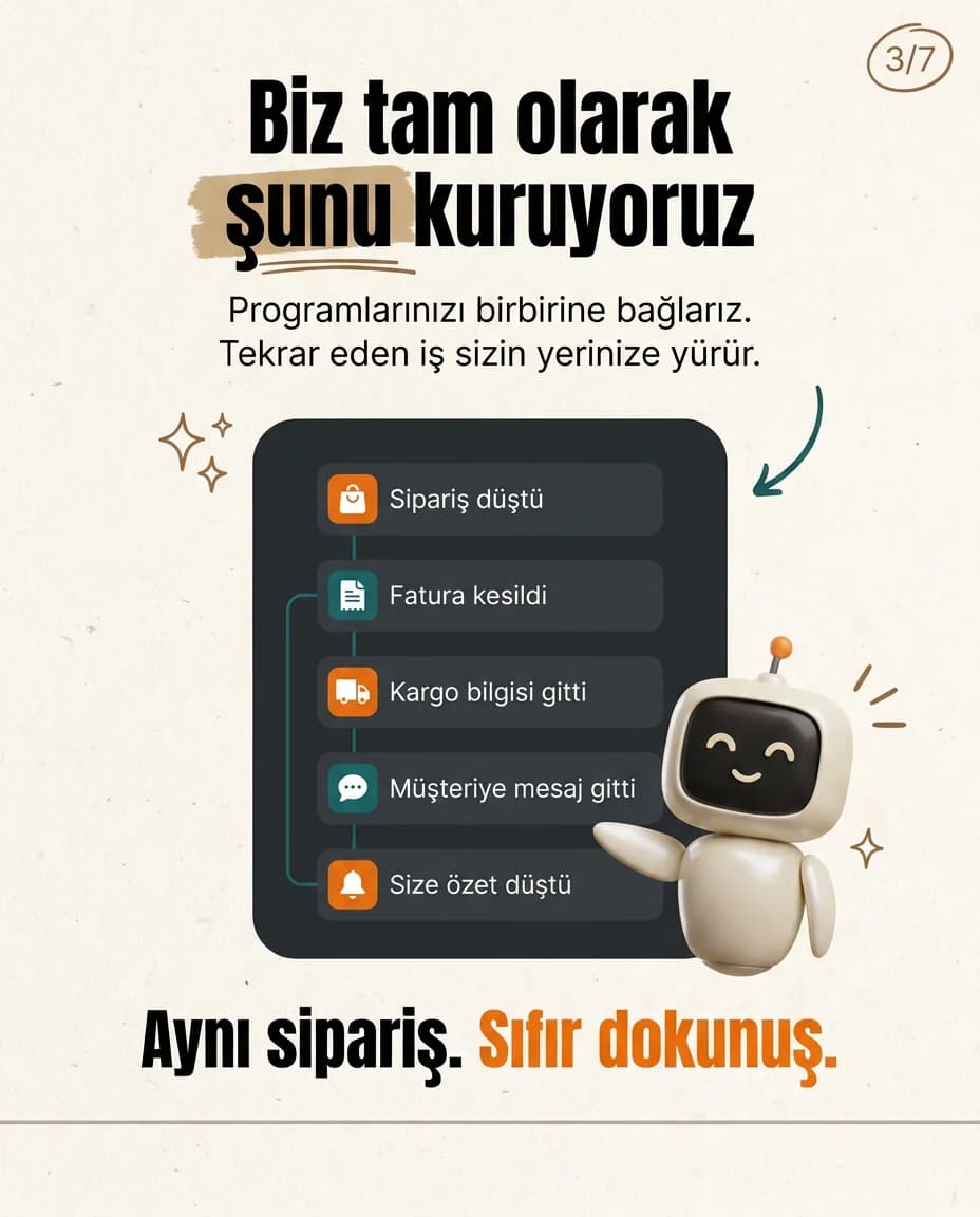 Ürünün ne yaptığını anlatan kare: sipariş, fatura, kargo bildirim yığını