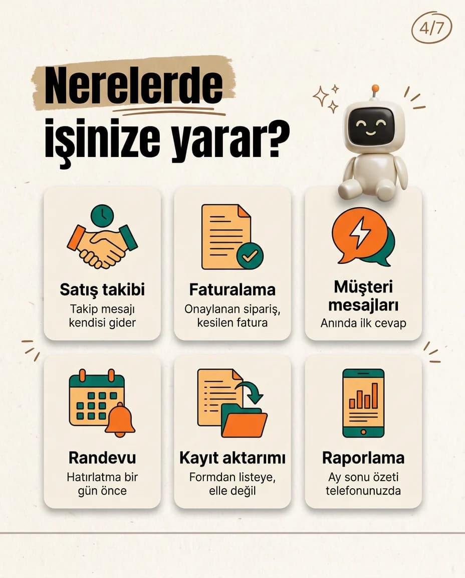 Altı ikonlu yetenek ızgarası: satış takibi, faturalama, müşteri mesajları, randevu, kayıt aktarımı, raporlama