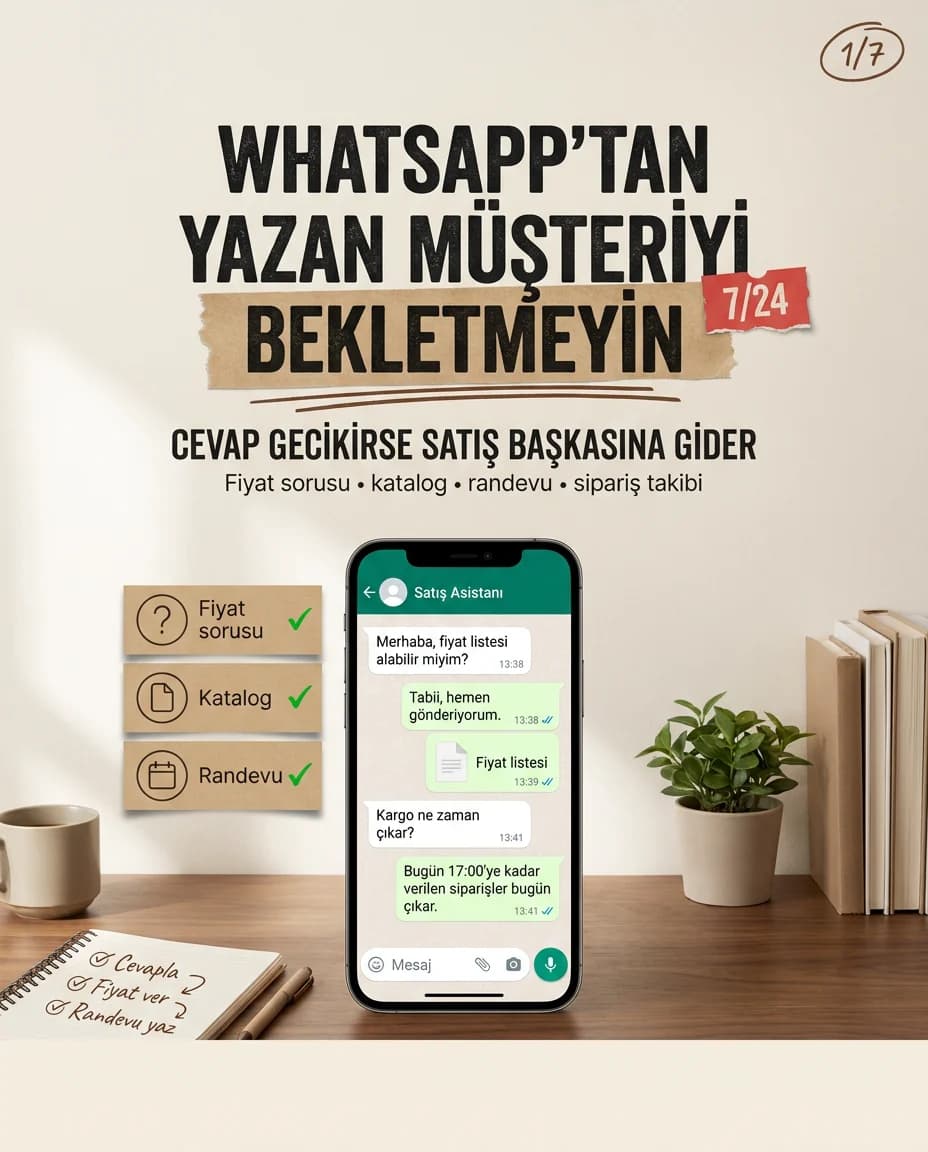 WhatsApp satış asistanı carousel açılışı: telefon ekranı ve masa sahnesi