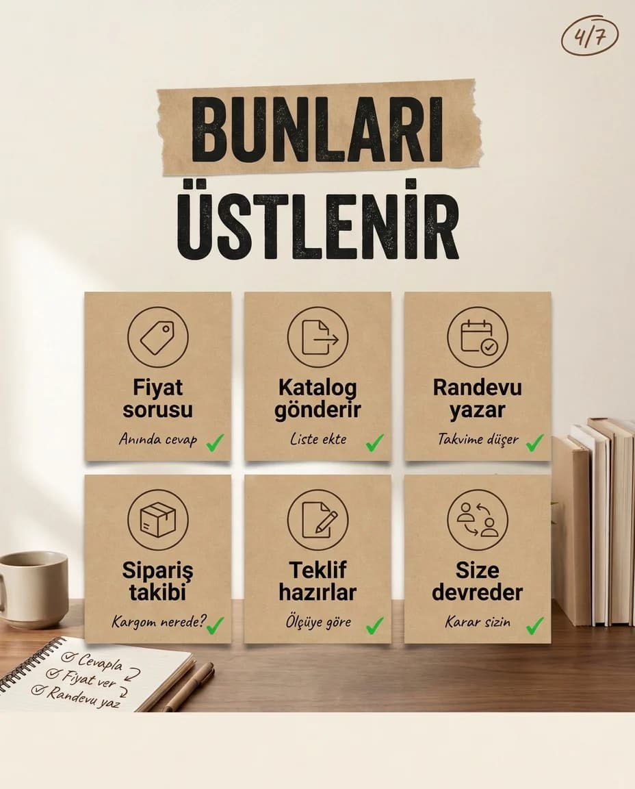 Asistanın üstlendiği altı işi gösteren kart ızgarası: fiyat sorusu, katalog, randevu, sipariş takibi, teklif, devretme