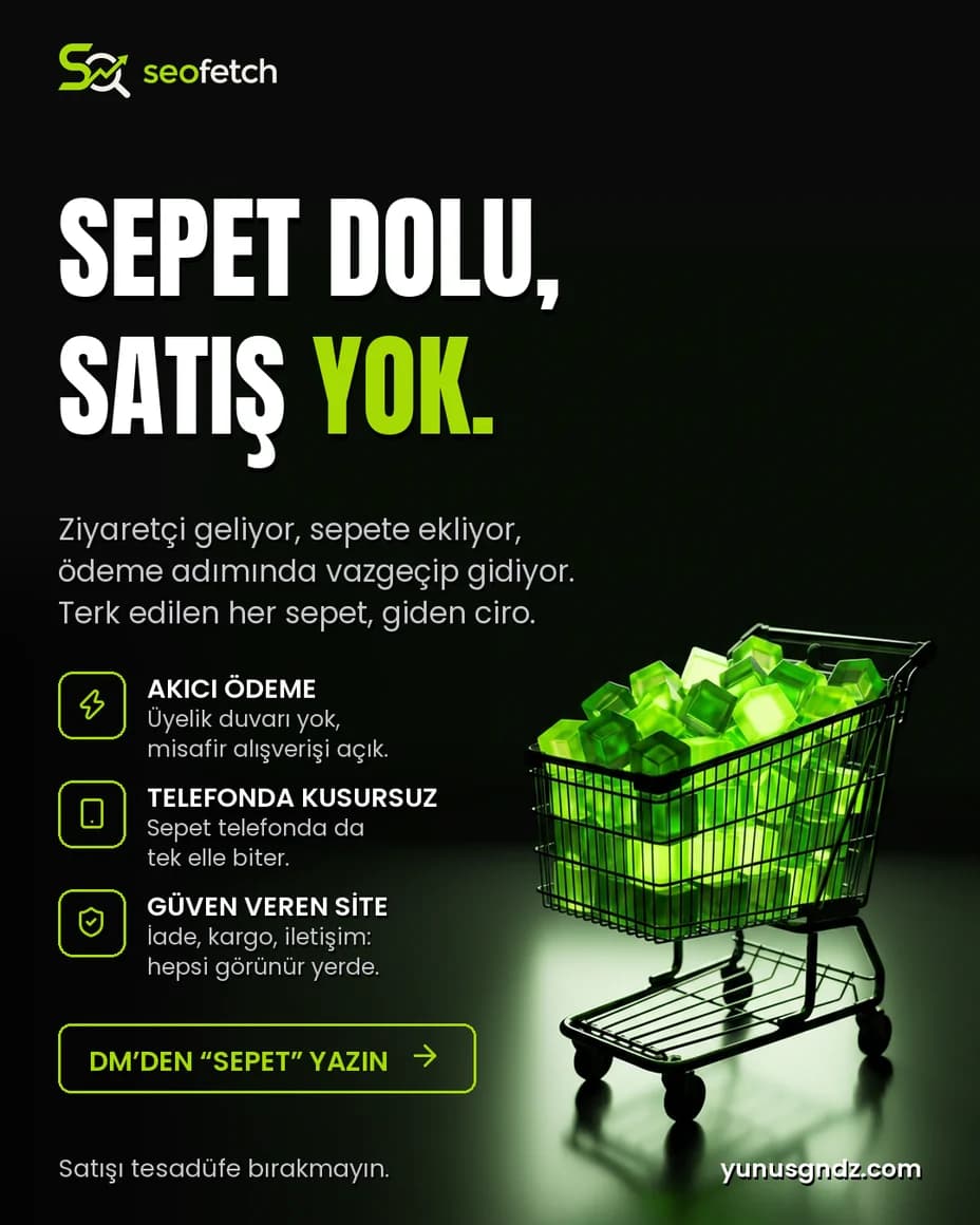 Koyu zemin ve lime yeşili tonlarında e-ticaret postu: 'Sepet dolu, satış yok' başlığı ve neon alışveriş sepeti