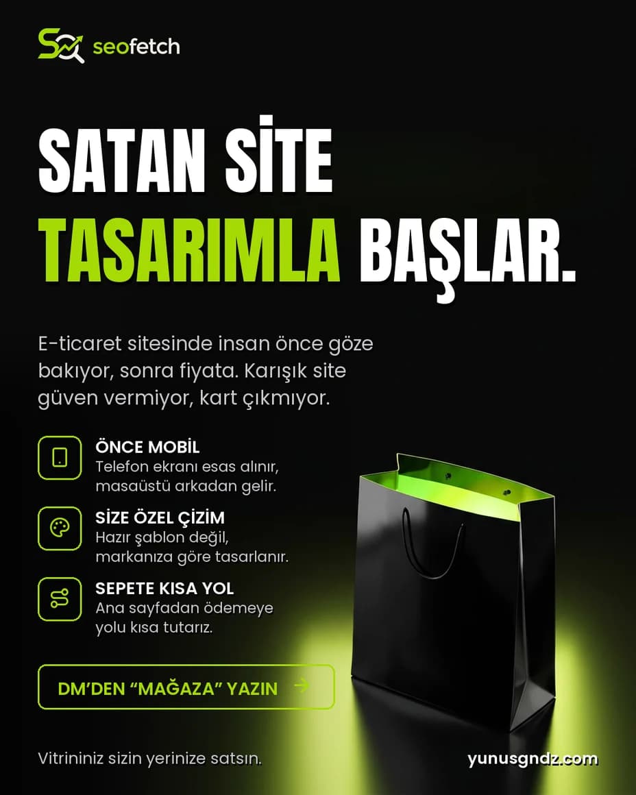 Koyu zeminde lime yeşili ışık alan siyah alışveriş poşeti; 'Satan site tasarımla başlar' başlığı