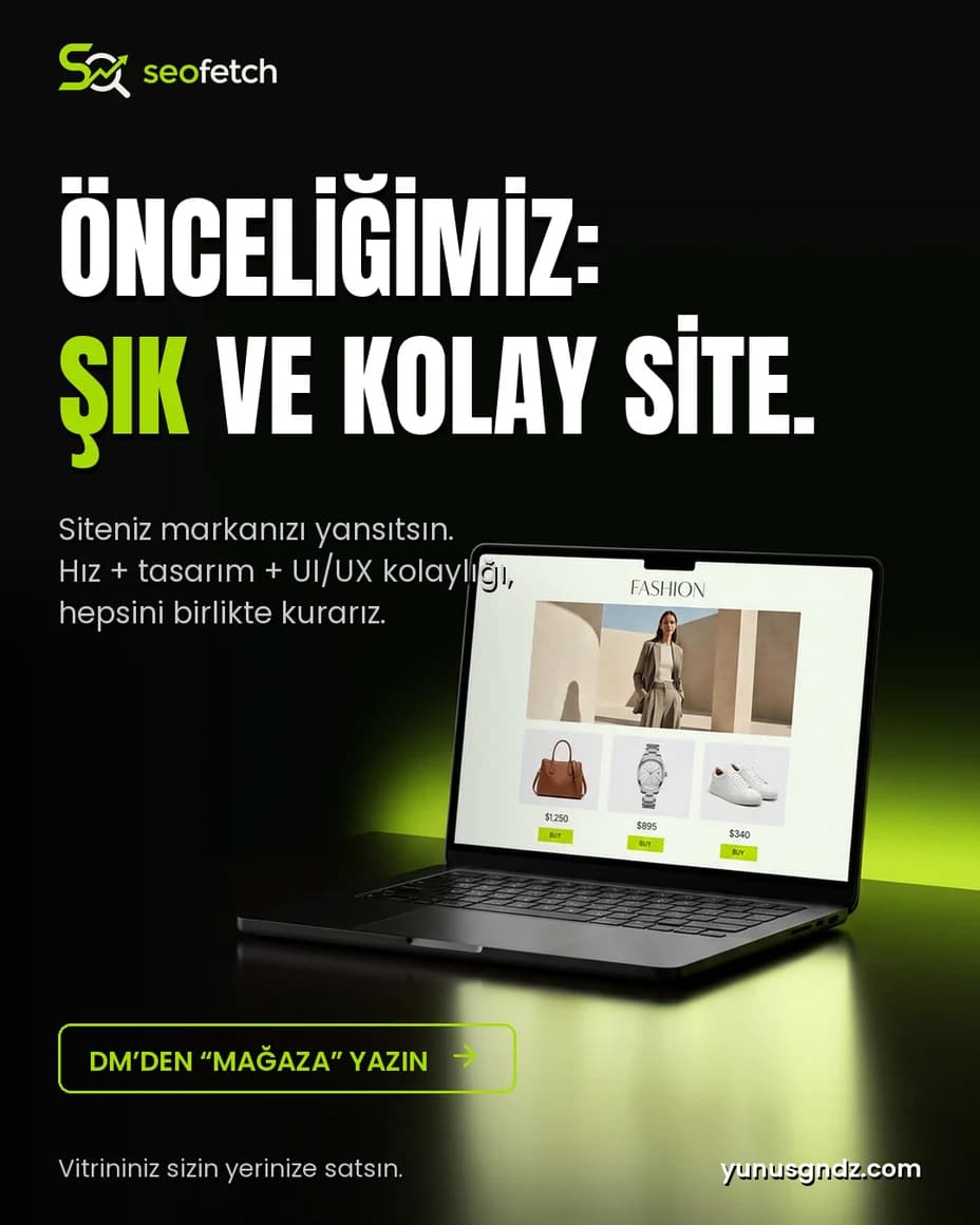 Koyu zeminde lime yeşili ışıkta laptop; ekranda moda e-ticaret vitrini, 'Önceliğimiz: şık ve kolay site' başlığı