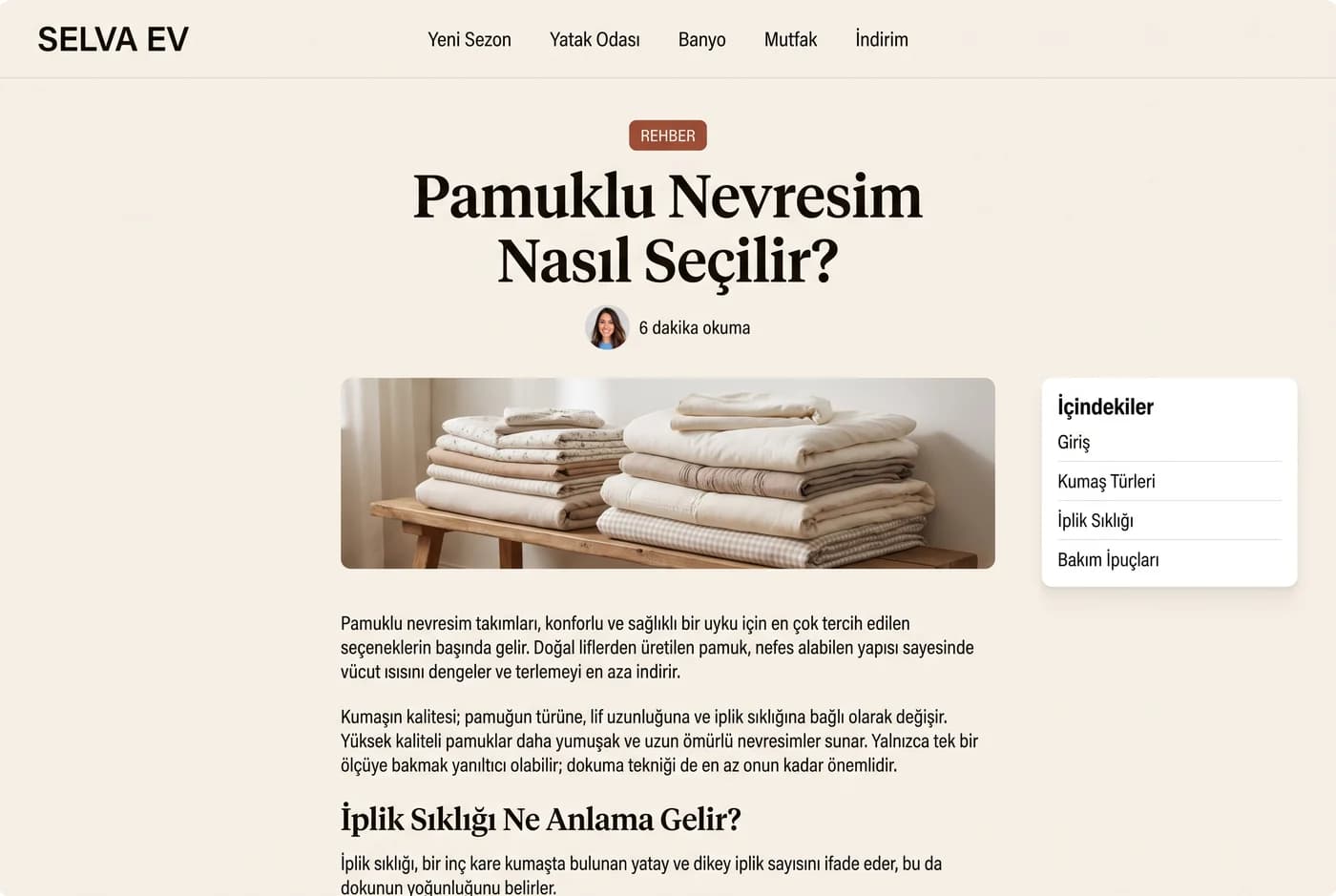 Blog yazısı sayfası: 'REHBER' etiketi, iri başlık, okuma süresi, geniş fotoğraf, gövde metni ve sağda içindekiler kutusu