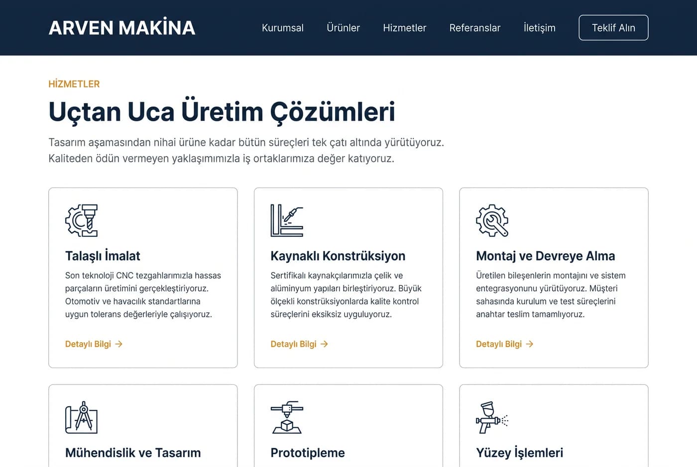 Hizmetler sayfası: 'Uçtan Uca Üretim Çözümleri' başlığı ve altında çizgi ikonlu üç hizmet kartı