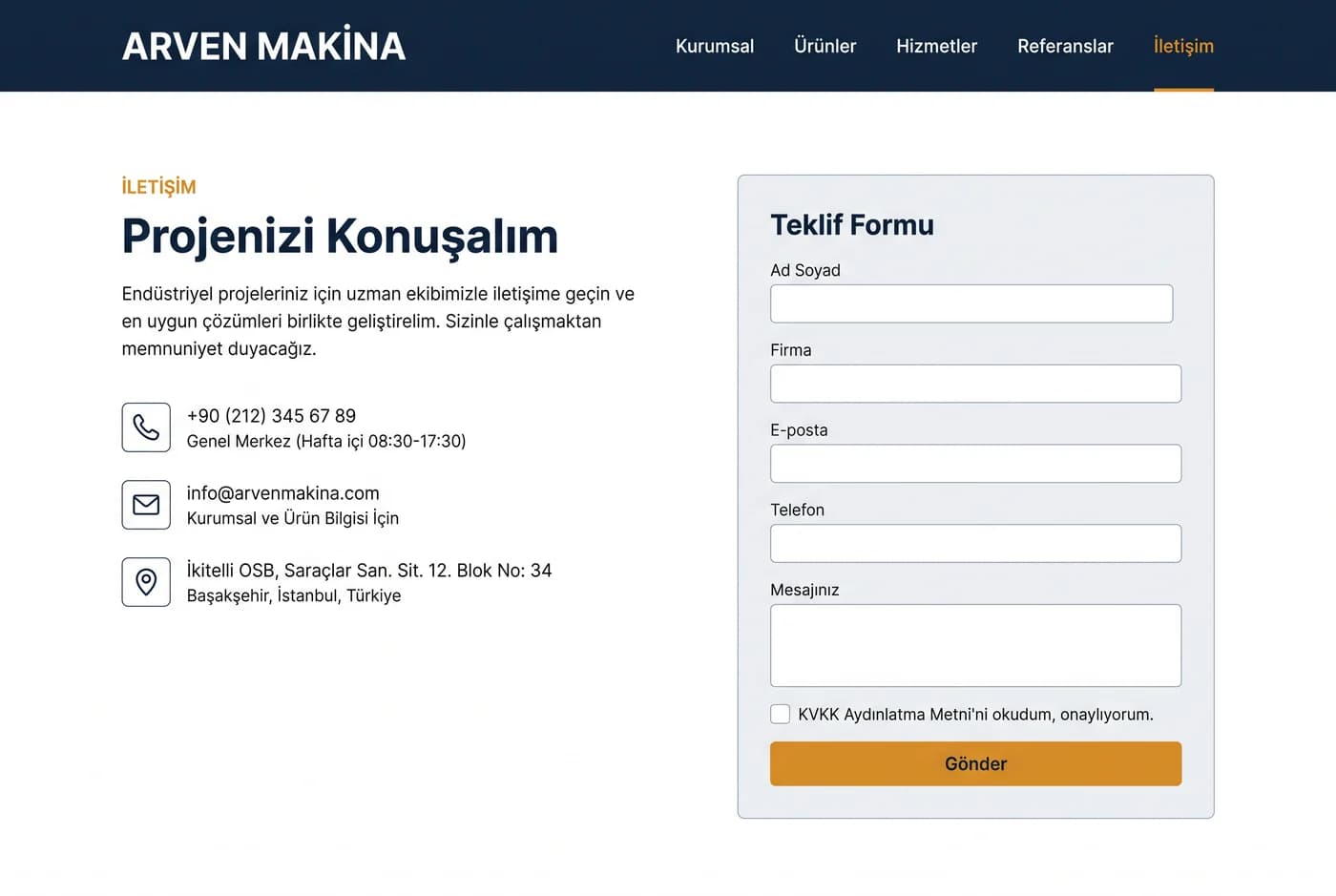 İletişim sayfası: solda telefon, e-posta ve adres satırları, sağda ad-firma-e-posta-telefon alanları, KVKK onay kutusu ve 'Gönder' düğmesi olan teklif formu