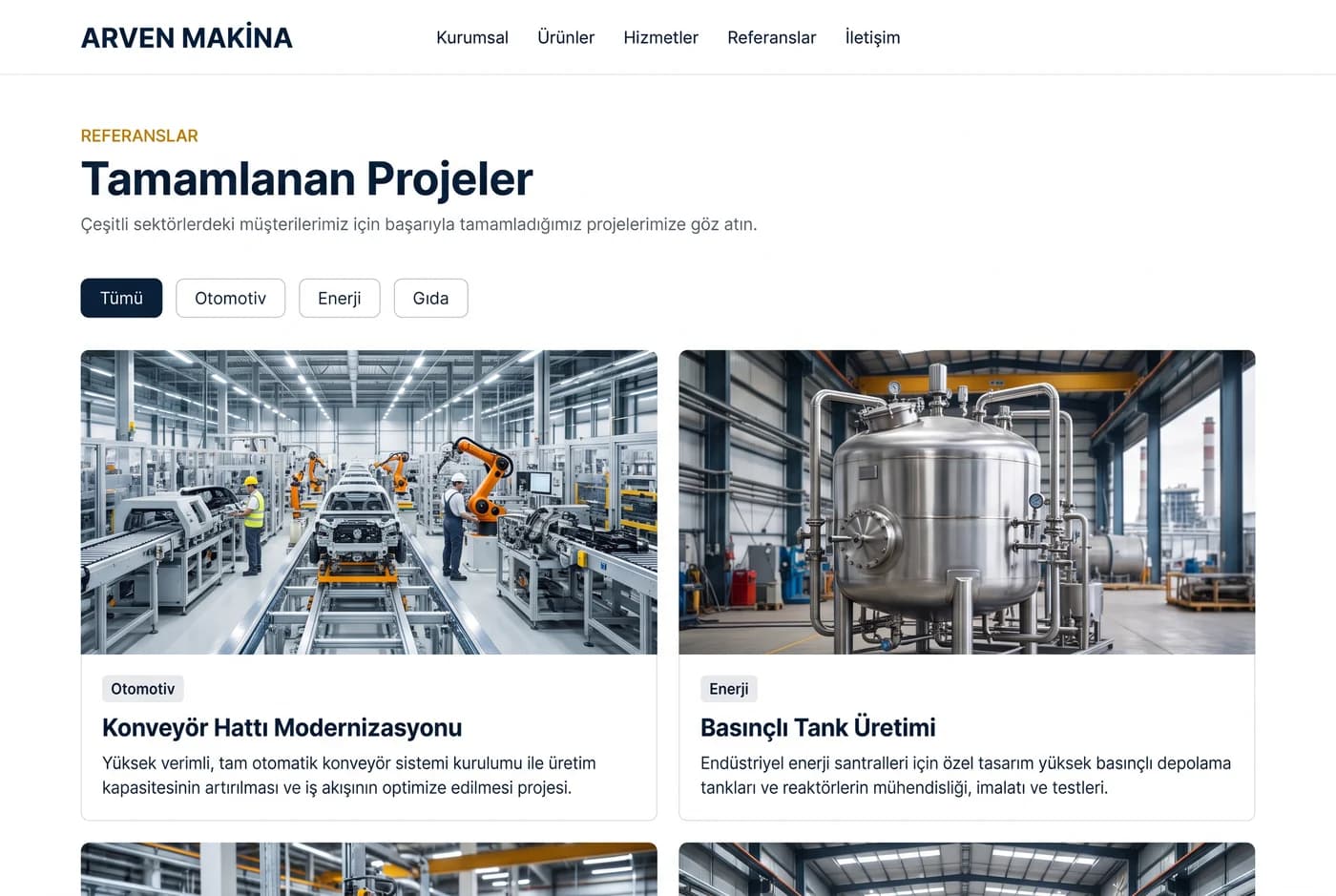 Referanslar sayfası: 'Tamamlanan Projeler' başlığı, sektör filtreleri ve endüstriyel fotoğraflı iki proje kartı