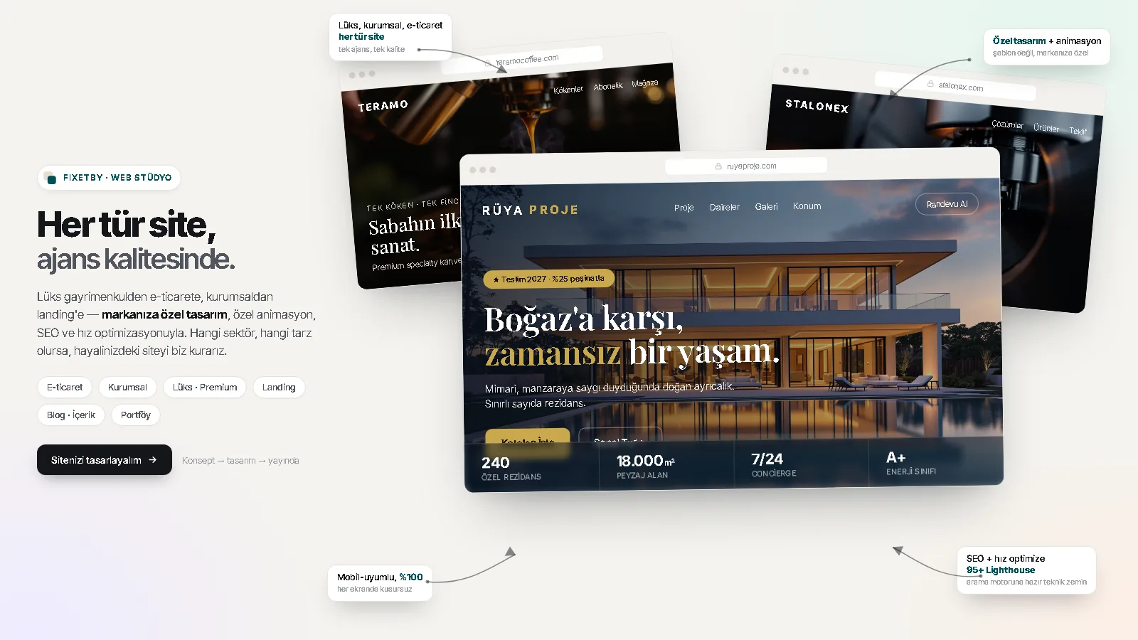 Fixetby üretimi kurumsal web sitesi vitrini — ajans kalitesinde örnek siteler